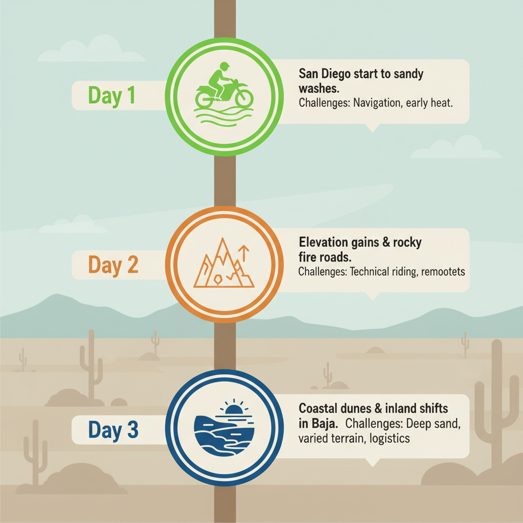 Vertical timeline illustrating three-day dual sport motorcycle tour routes through Mojave Desert and Baja California, with icons and challenge descriptions.