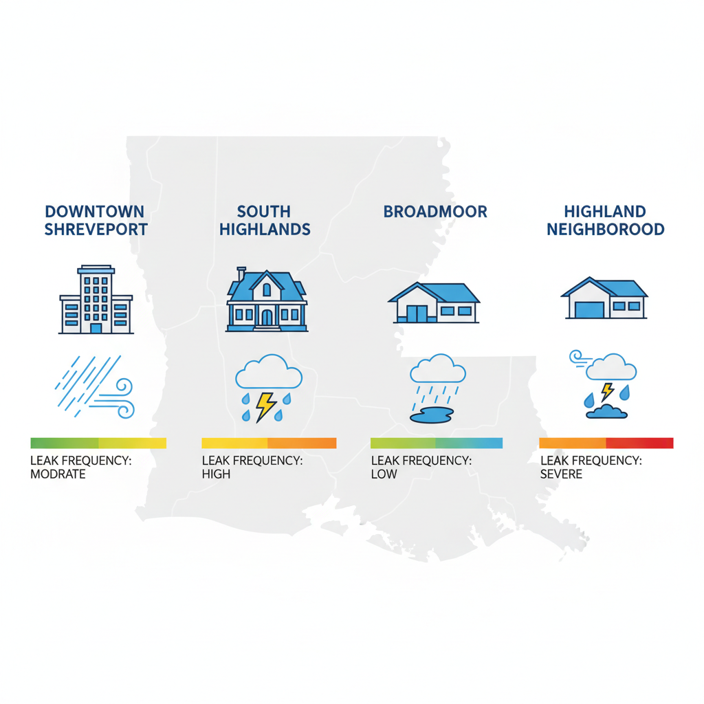 Infographic comparing roof leak vulnerabilities across four Shreveport neighborhoods with icons, weather risks, and color-coded frequency bars