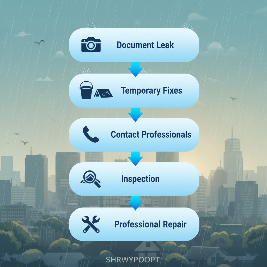 Vertical process flow diagram illustrating five steps for roof leak repairs including documentation, temporary fixes, professional contact, inspection, and repair.