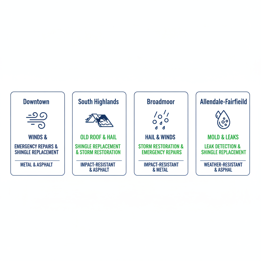 Infographic comparing roofing challenges, services, and materials for Shreveport neighborhoods including Downtown, South Highlands, Broadmoor, and Allendale-Fairfield with icons and color-coded sections.