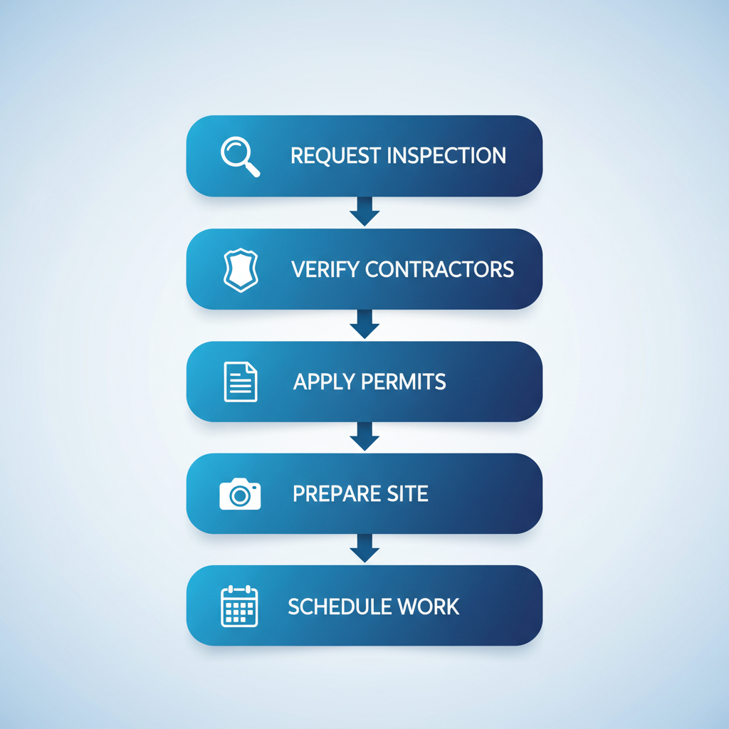 Vertical process flow diagram illustrating five key steps to start a roofing project in Shreveport, including icons for inspection, verification, permits, site preparation, and scheduling.