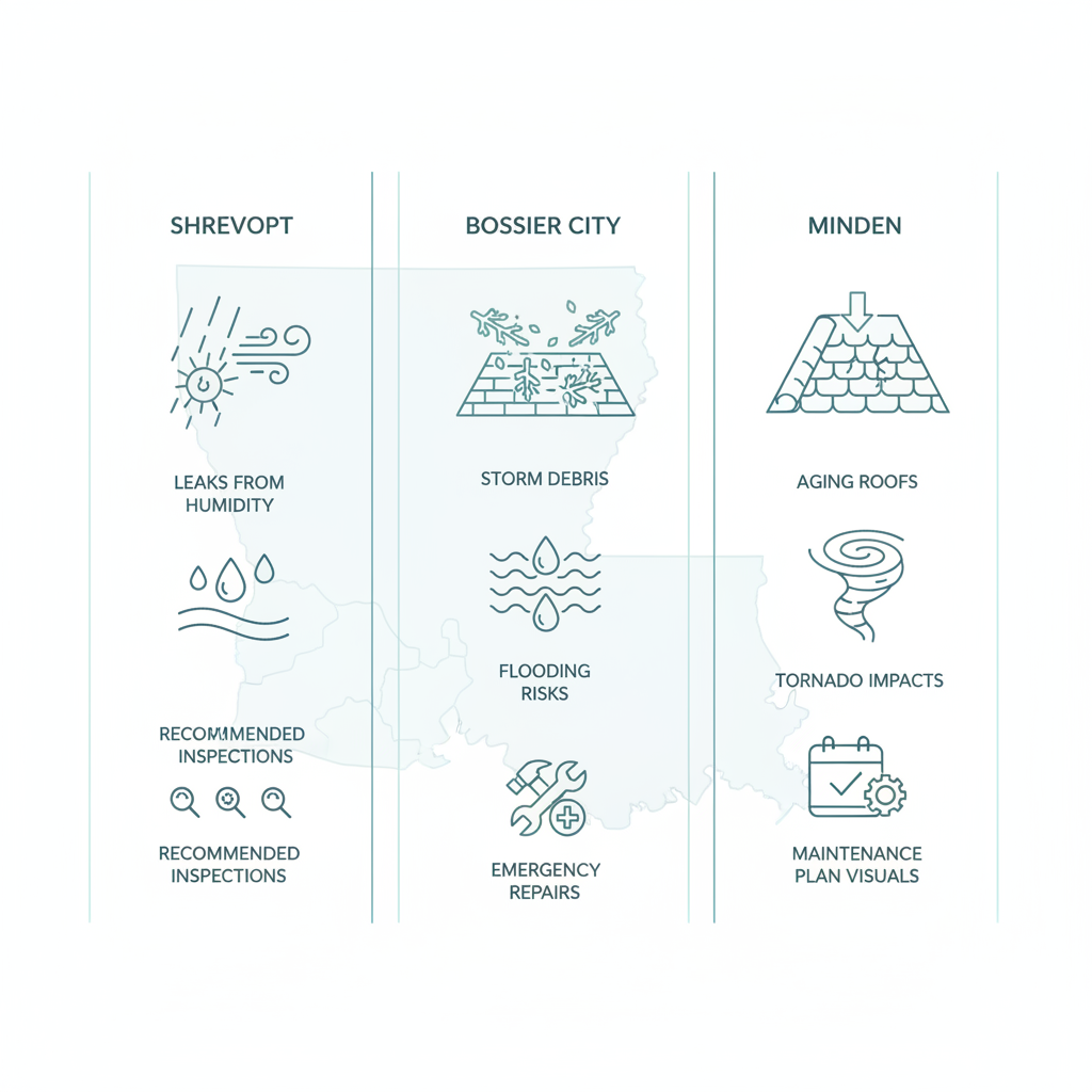 Infographic comparing common roofing issues in Shreveport, Bossier City, and Minden regions