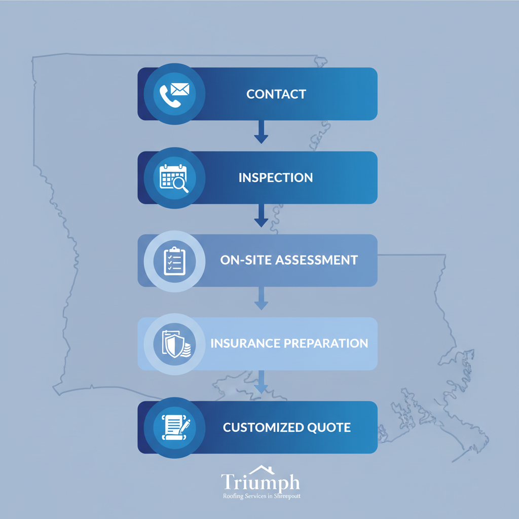 Vertical process flow diagram showing five steps to start roofing services in Shreveport: contact for inspection, schedule, assess, prepare insurance, and receive quote.