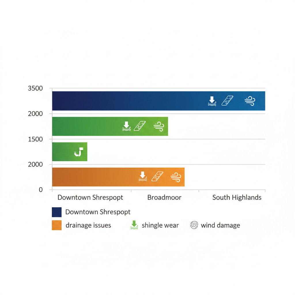 Horizontal bar chart comparing roof leak repair costs in Shreveport neighborhoods: Downtown, Broadmoor, and South Highlands.