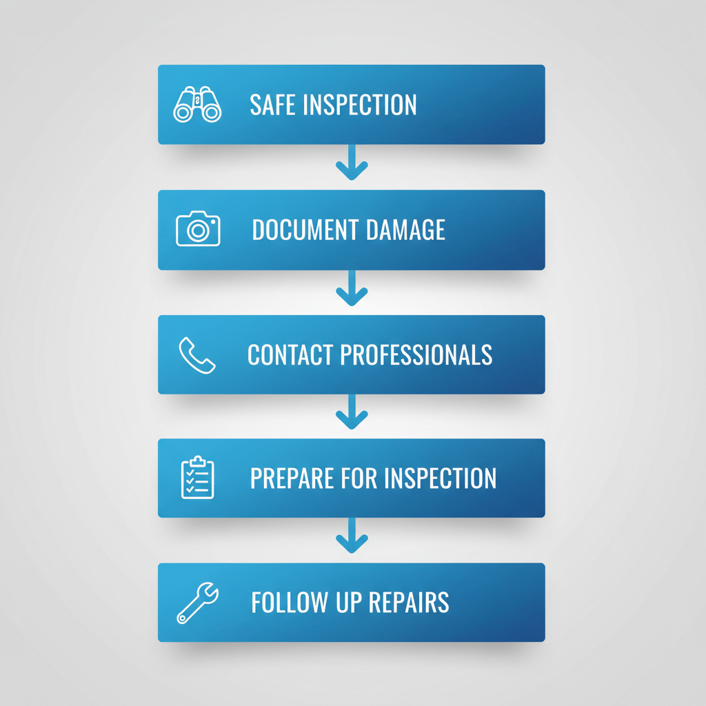 Vertical process flow diagram illustrating five steps to address roof leaks in Shreveport homes, featuring icons for inspection, documentation, contact, preparation, and repairs.
