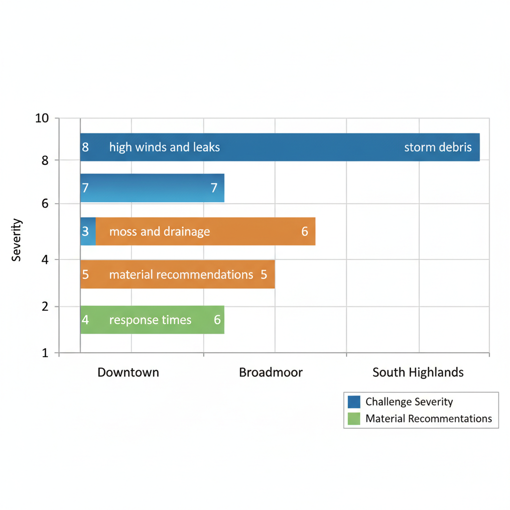 Horizontal bar chart of roofing challenges, material recommendations, and response times across Shreveport neighborhoods including Downtown, Broadmoor, and South Highlands