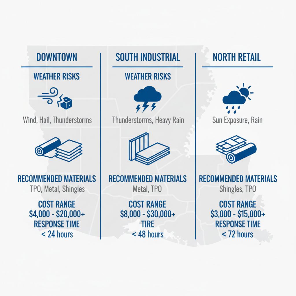 Infographic comparing commercial roofing needs in Shreveport districts: weather risks, materials, costs, and response times.