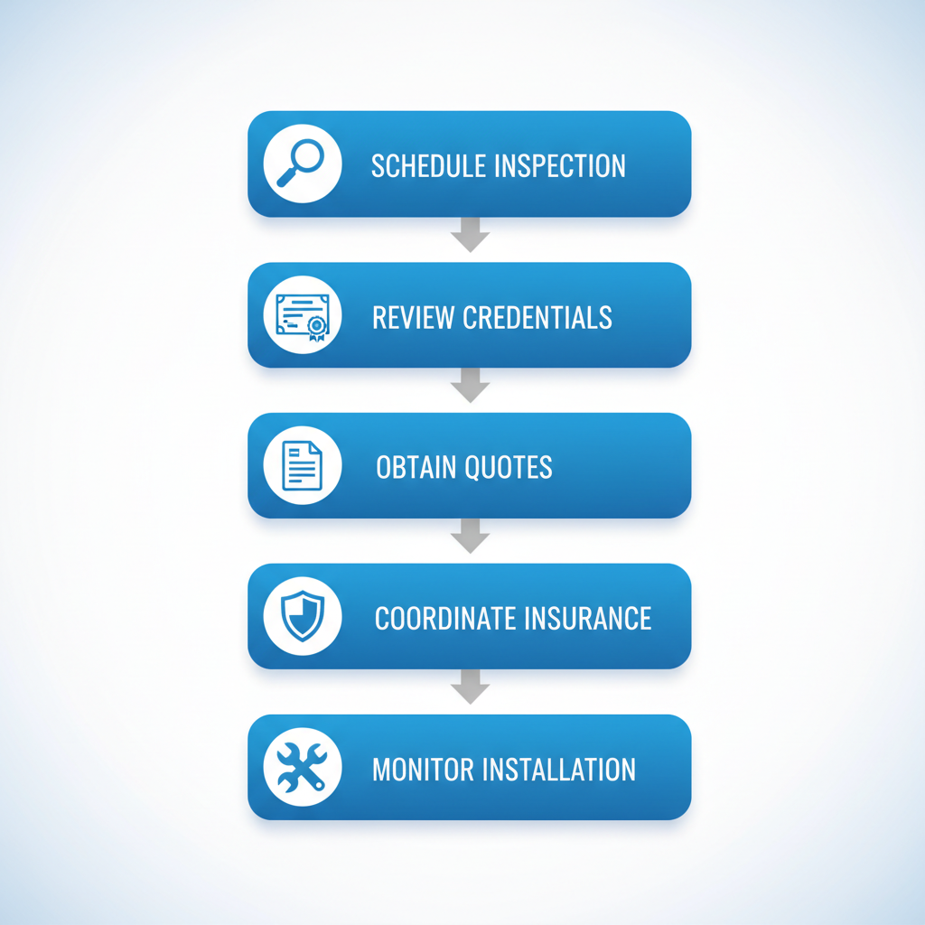Vertical process flow diagram illustrating five steps to hire a commercial roofing contractor in Shreveport: schedule inspection, review credentials, obtain quotes, coordinate insurance, and monitor installation.