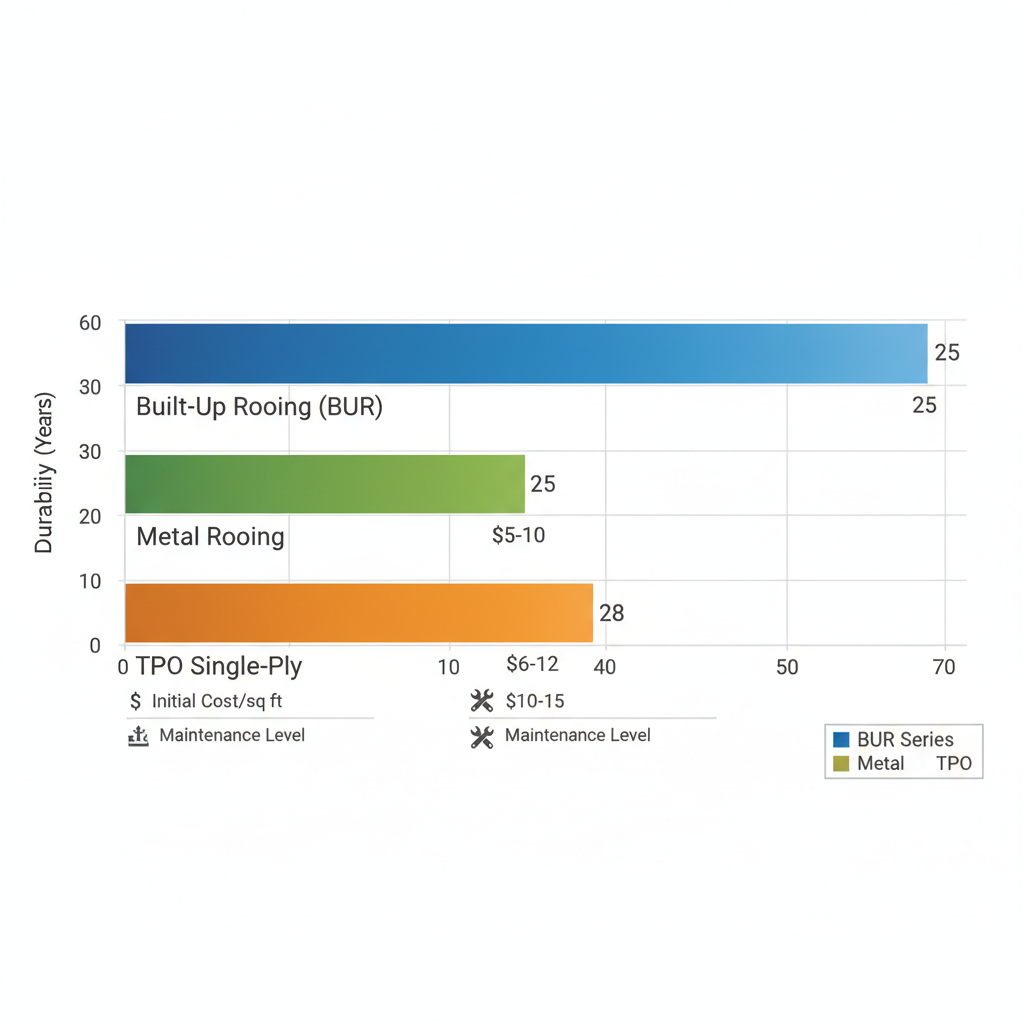 Horizontal bar chart comparing durability, cost, and maintenance of commercial roof types: BUR, Metal, and TPO for Shreveport climate.