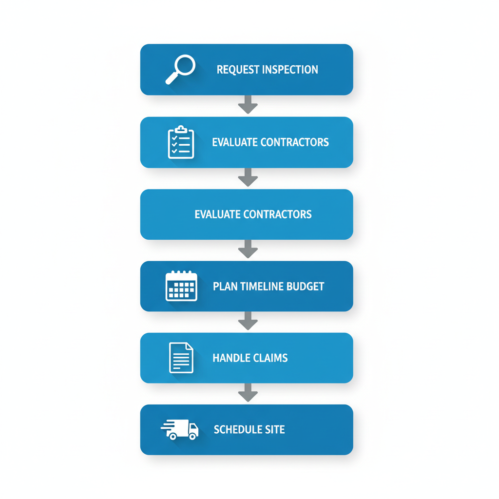 Vertical flowchart illustrating five key steps to begin commercial roofing projects in Shreveport, with icons and connecting arrows.