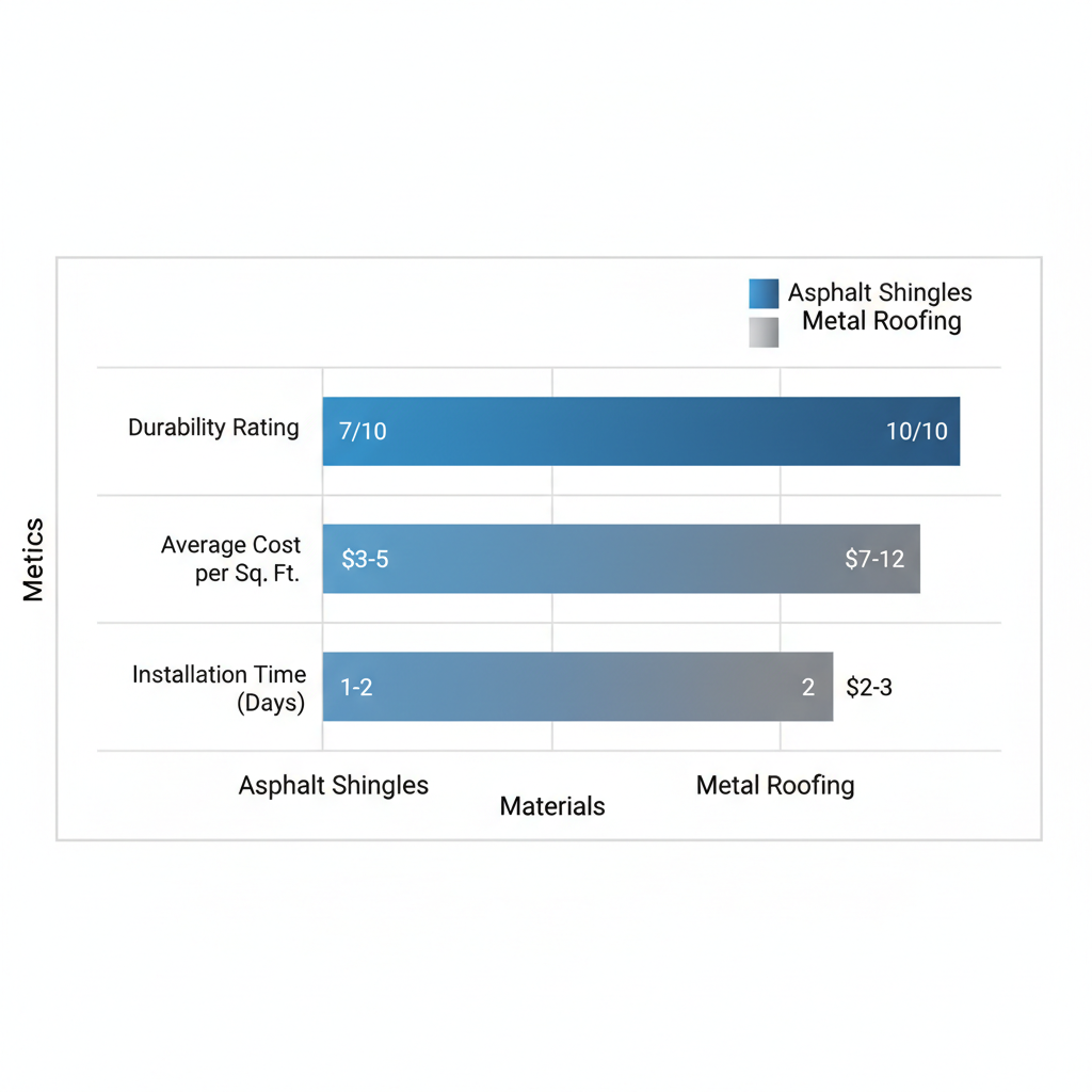 Horizontal bar chart comparing durability, cost per square foot, and installation time for asphalt shingles and metal roofing in Shreveport's climate