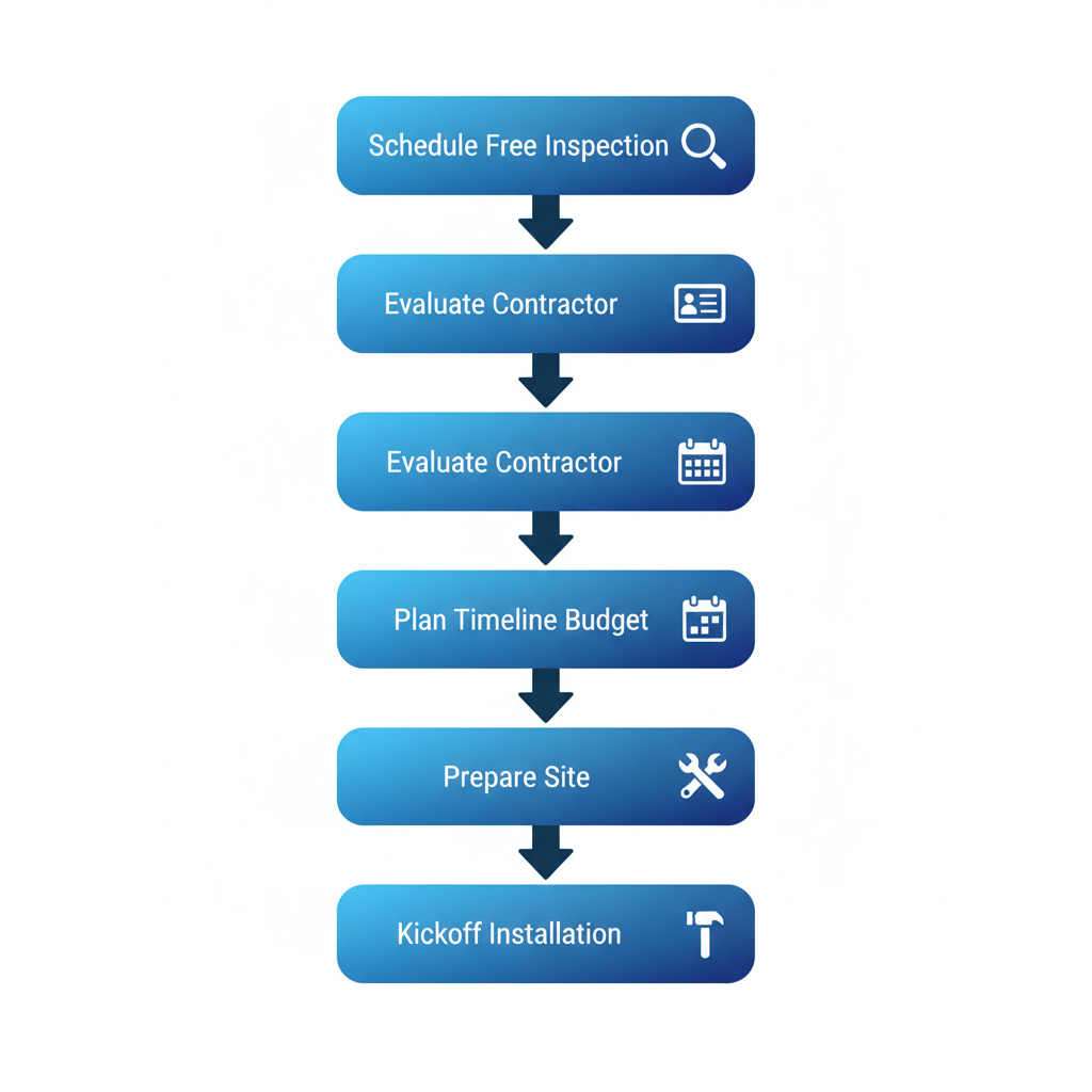 Vertical process flow diagram showing five steps to start a roof project in Shreveport: schedule inspection, evaluate contractor, plan budget, prepare site, and kickoff installation.