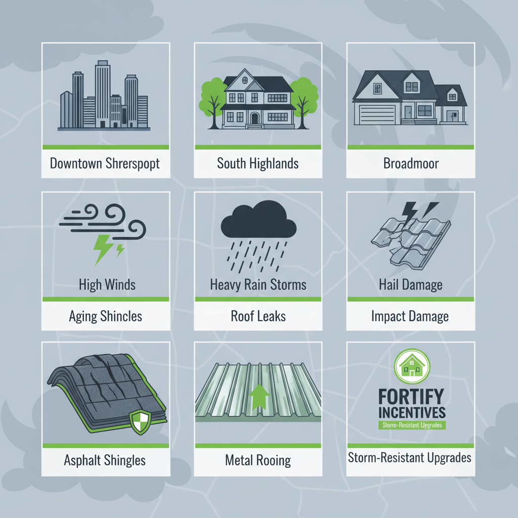 Infographic comparing roofing challenges, weather impacts, issues, and solutions across Shreveport neighborhoods
