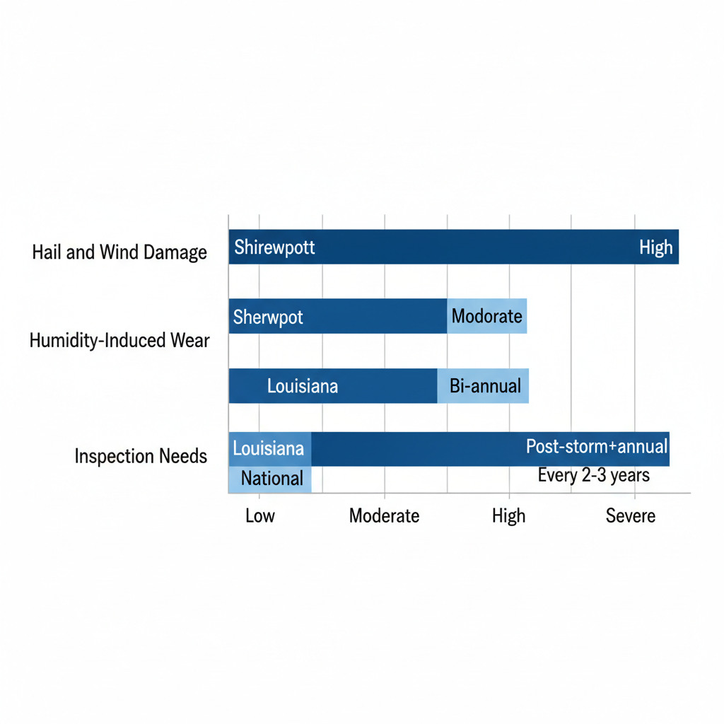 Horizontal bar chart comparing frequency of roofing challenges in Shreveport to Louisiana and national averages, highlighting hail, humidity, and inspection needs.
