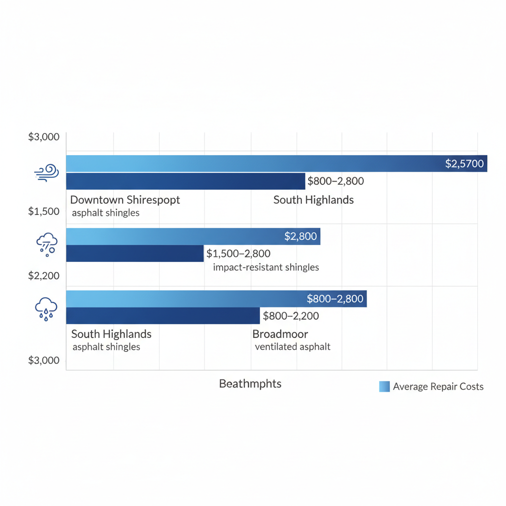 Bar chart comparing average roofing repair costs across Shreveport neighborhoods with issue icons and material recommendations