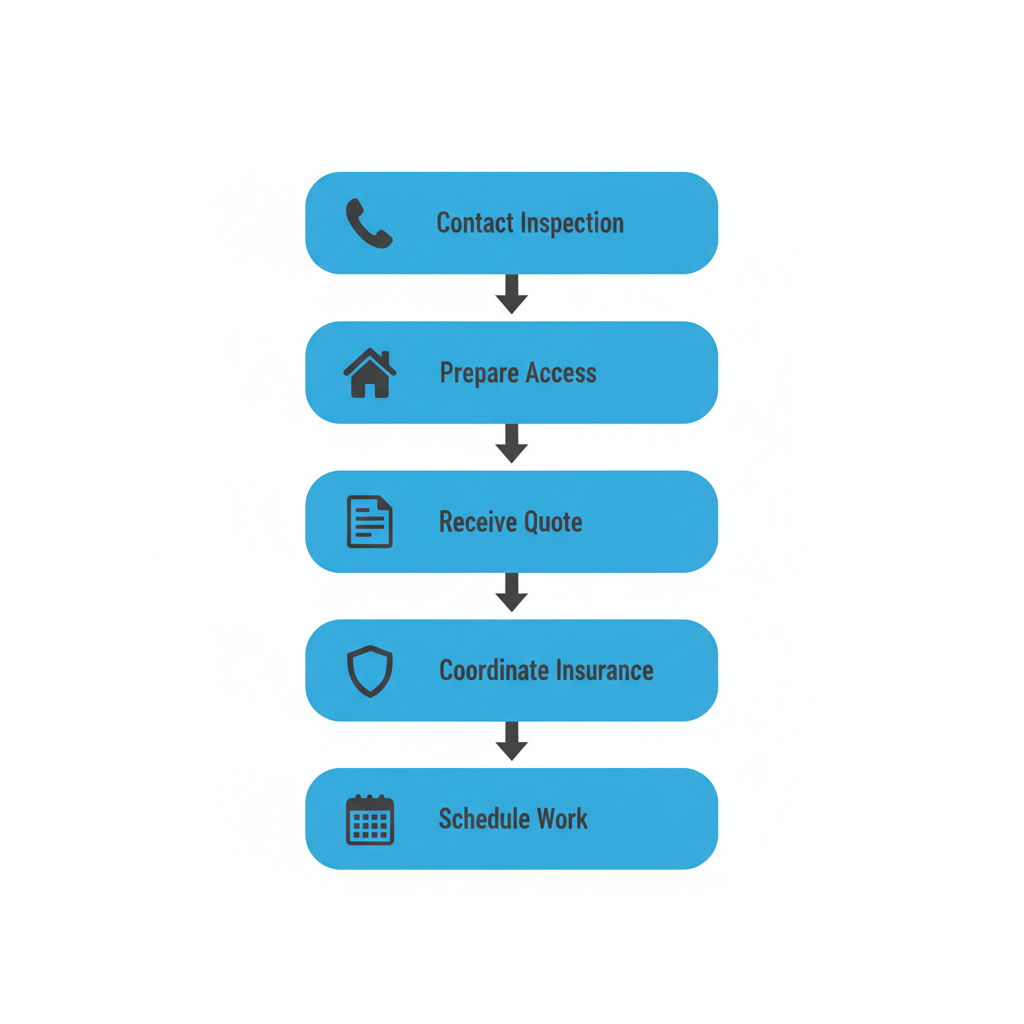 Vertical process flow diagram illustrating five key steps to start a roofing project: contact for inspection, prepare site access, receive quote, coordinate insurance, and schedule work.