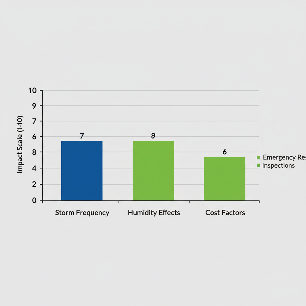 Bar chart comparing roofing challenges in Bossier City and Shreveport including storm frequency, humidity effects, and cost factors.