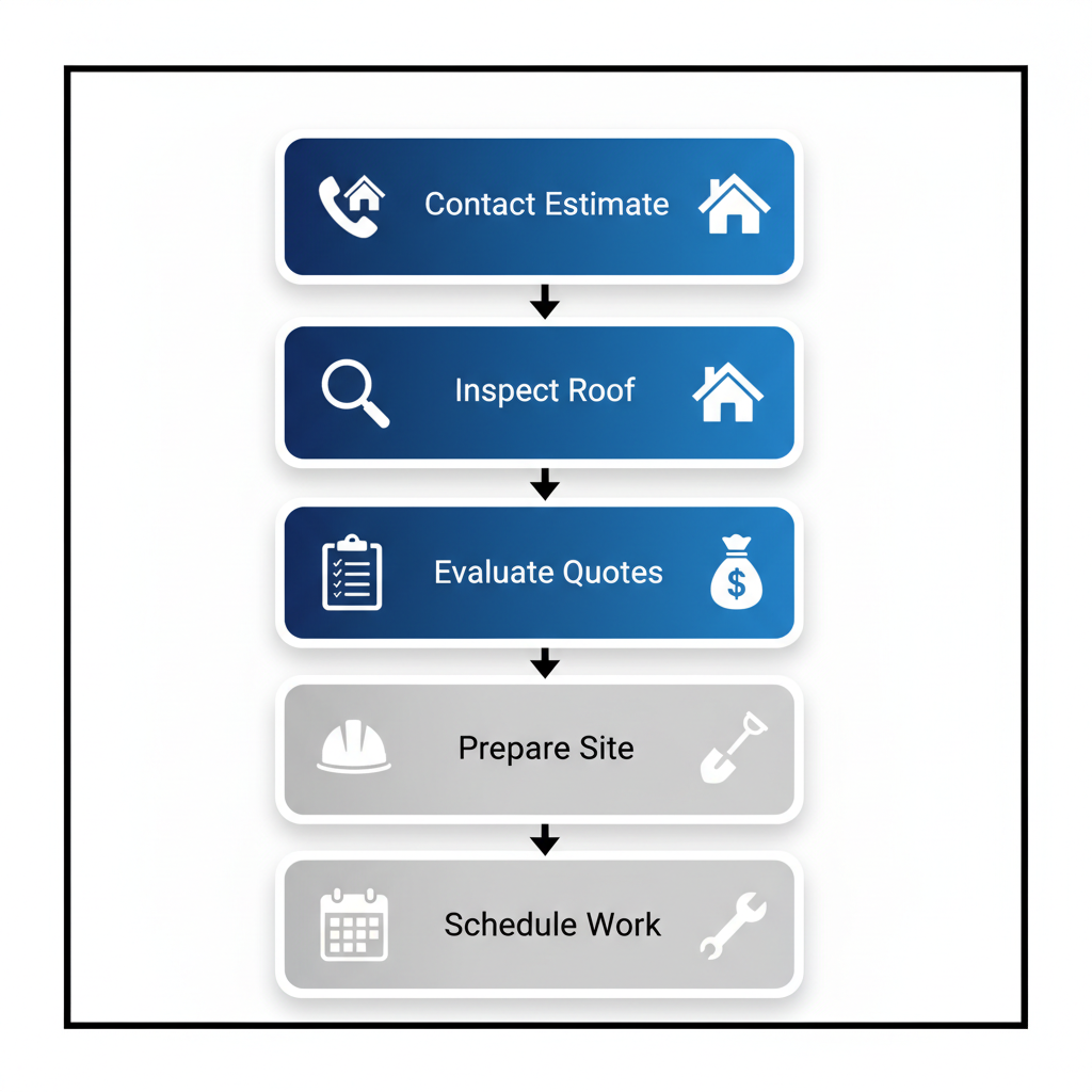 Vertical process flow diagram showing five steps to hire a roofing contractor: contact for estimate, inspection, evaluate quotes, prepare site, and schedule work.