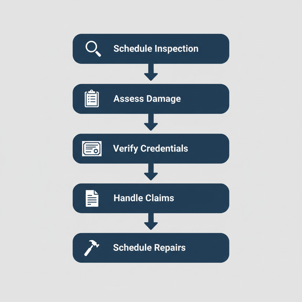Vertical process flow diagram illustrating five key steps for securing reliable roofing services in Bossier City with icons and minimal labels.