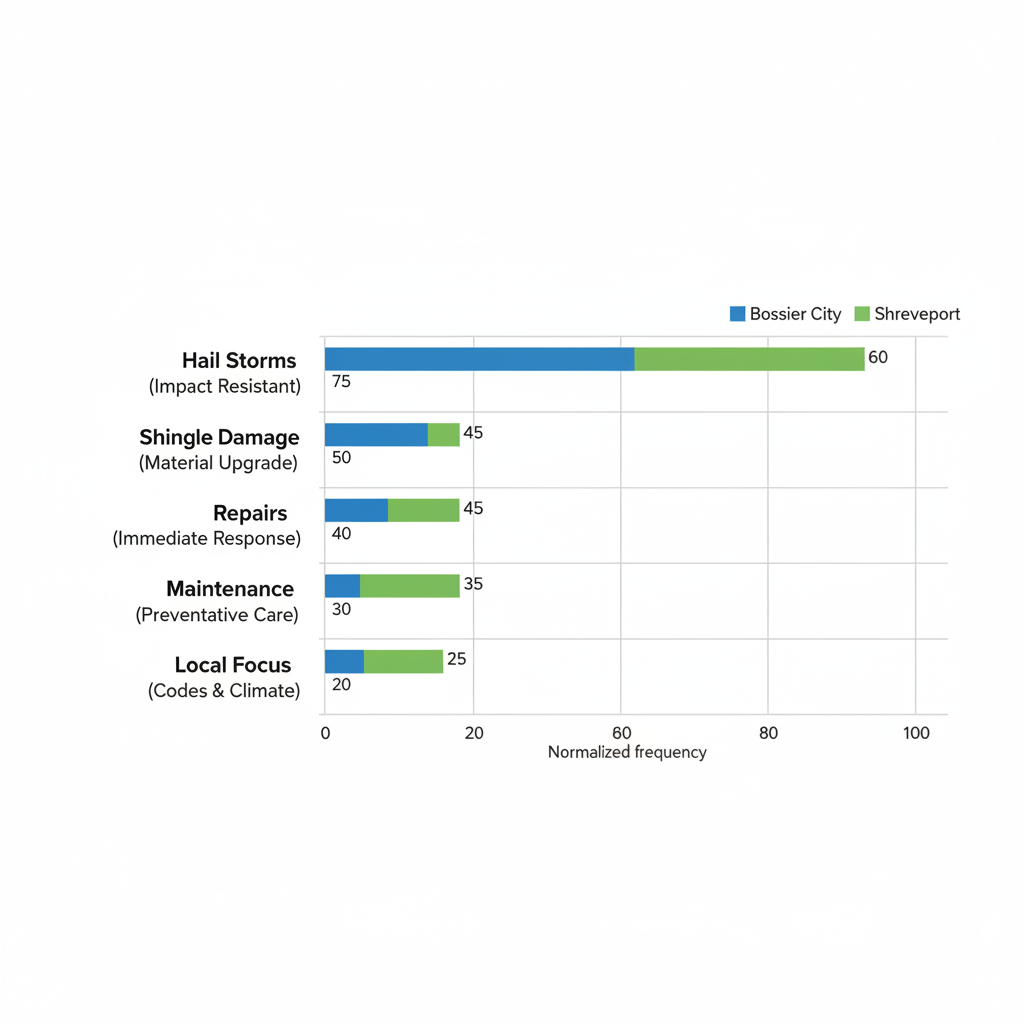 Horizontal bar chart comparing roofing challenges such as hail storms, shingle damage, repairs, and maintenance in Bossier City (blue bars) and Shreveport (green bars), highlighting local solutions.