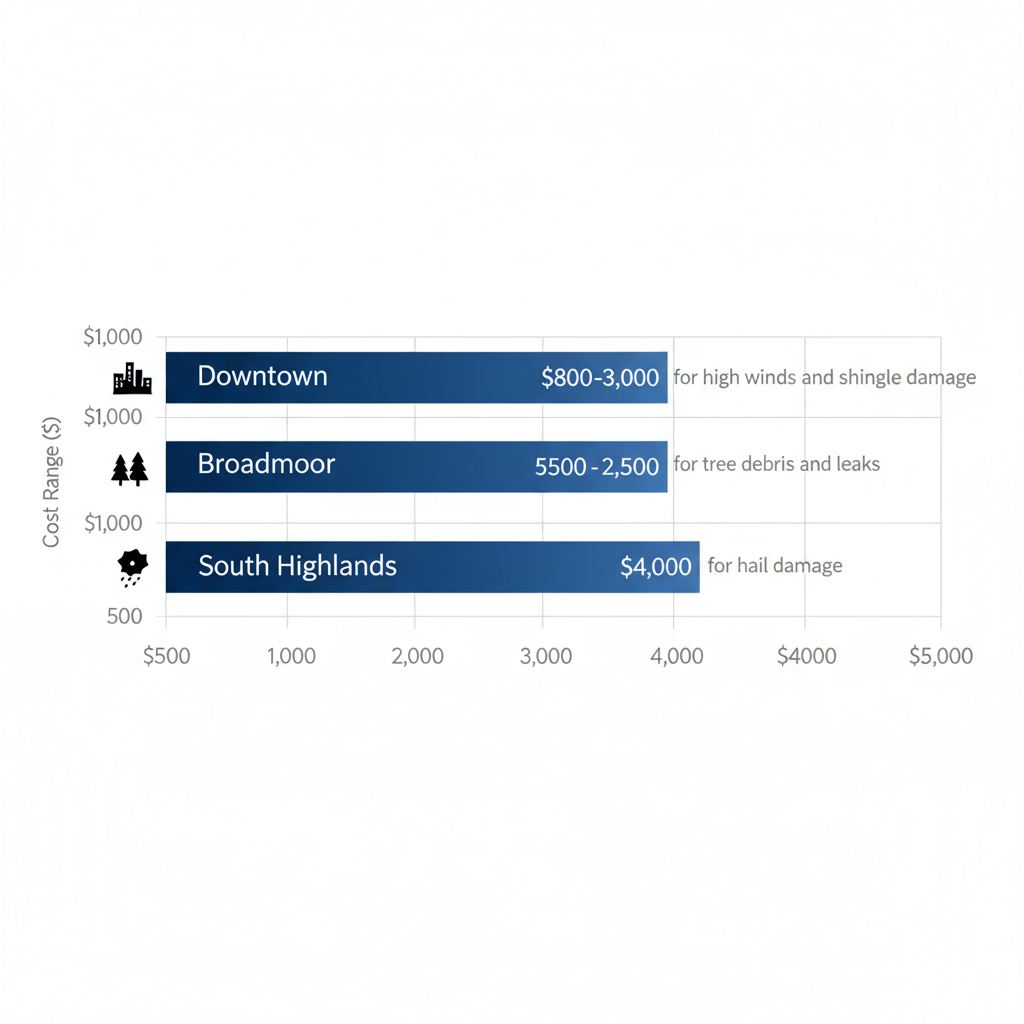 Horizontal bar chart comparing average repair costs for common roofing issues in Shreveport neighborhoods: Downtown, Broadmoor, and South Highlands