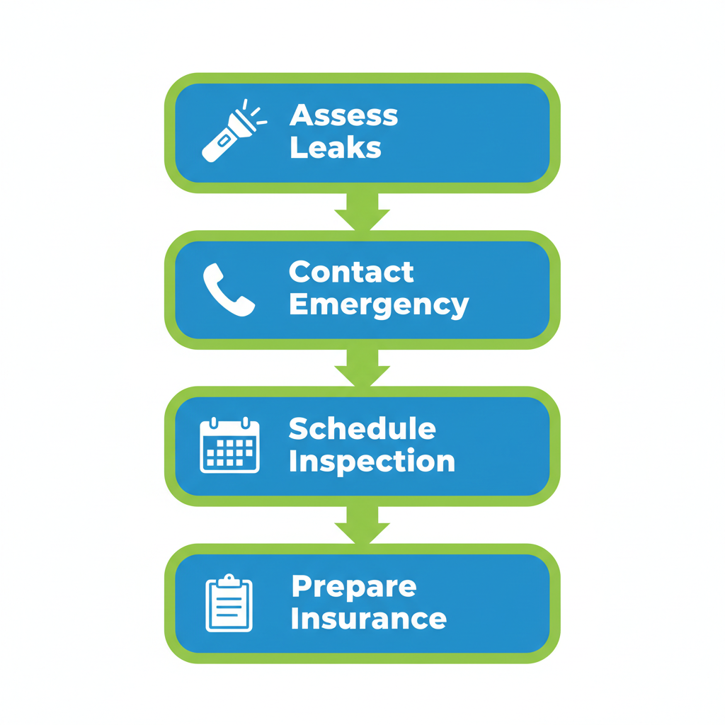 Vertical process flow diagram illustrating four key steps to initiate roof repairs after storm damage in Shreveport.