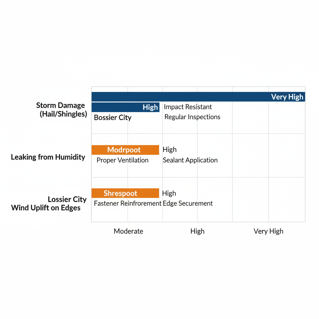 Bar chart comparing prevalence of roofing issues like storm damage, humidity leaks, and wind uplift in Bossier City versus Shreveport with brief mitigation tips