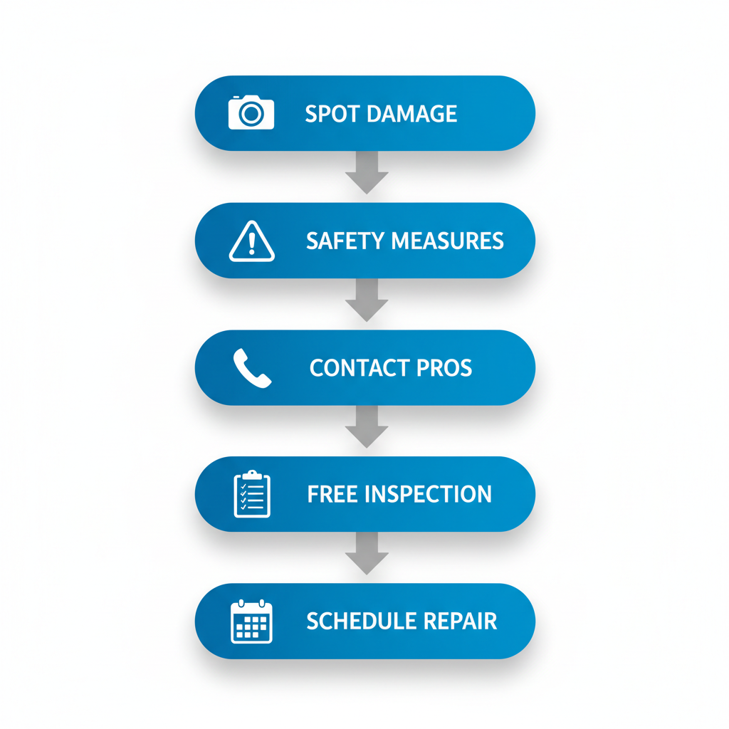 Vertical flowchart illustrating five steps to initiate roof repair: spotting and documenting damage, implementing safety measures, contacting professionals, free inspection and insurance filing, scheduling repair.
