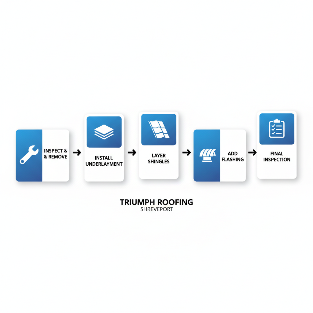 Horizontal process flow diagram illustrating five stages of asphalt shingle roof installation in Shreveport