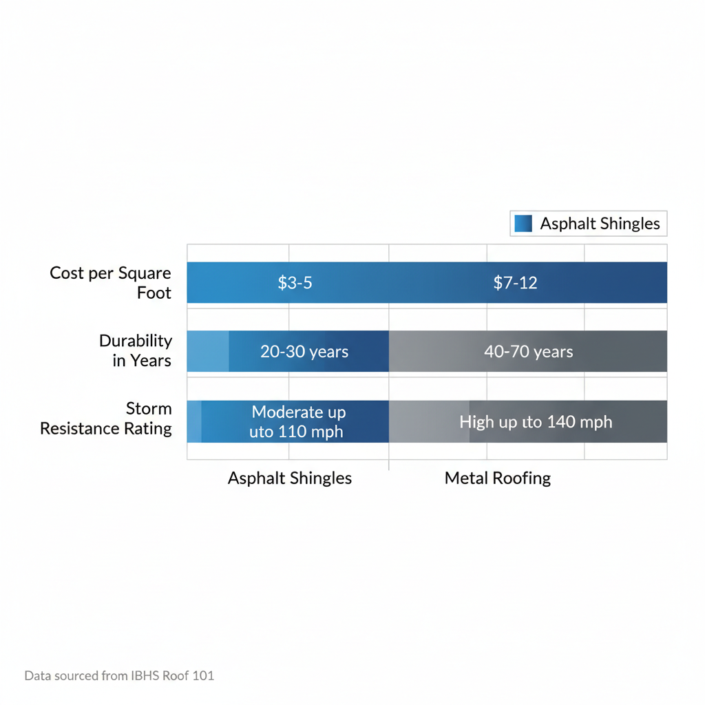 Horizontal bar chart comparing asphalt shingles and metal roofing for Shreveport climate, showing cost, durability, and storm resistance metrics
