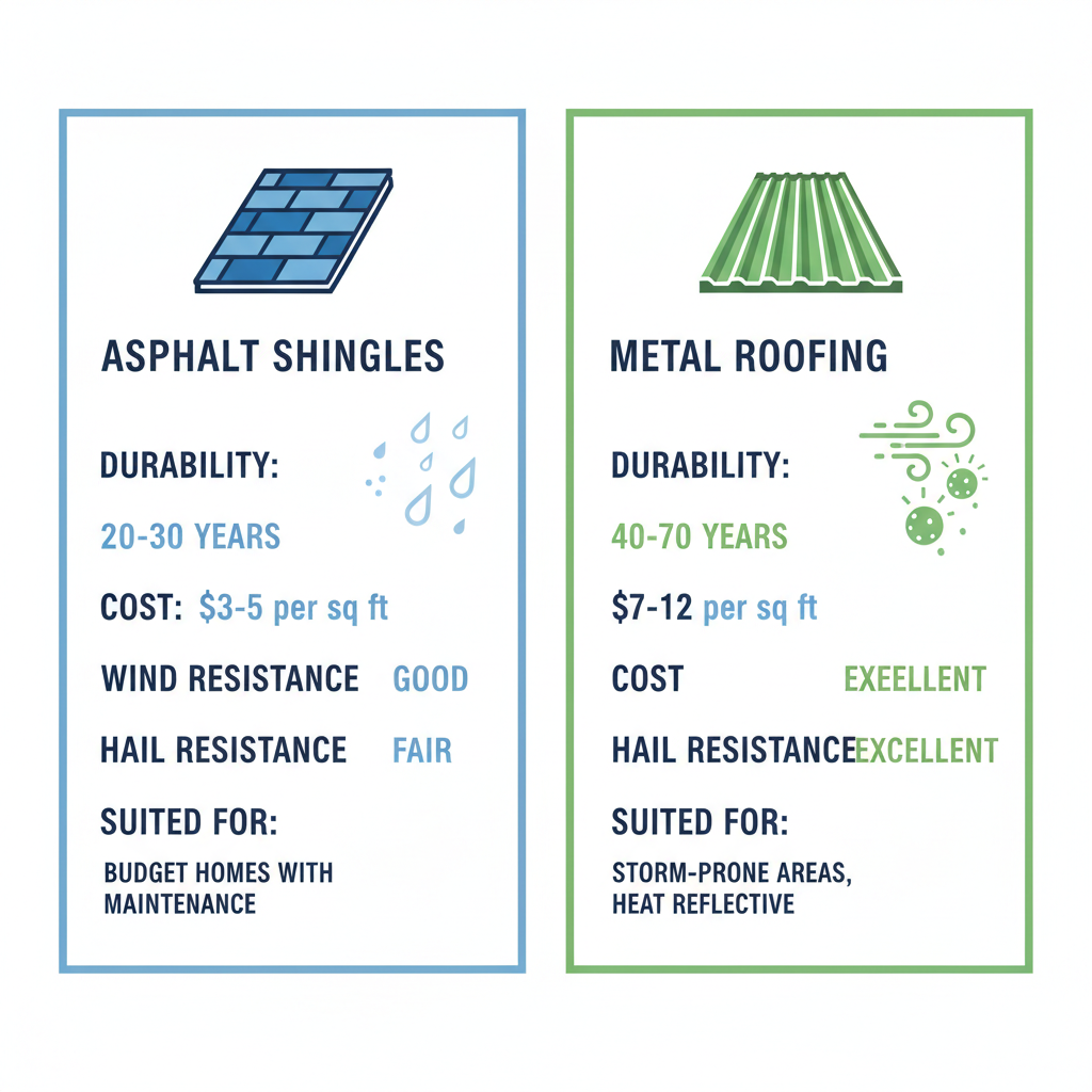 Infographic comparing asphalt shingles and metal roofing options for Shreveport homes
