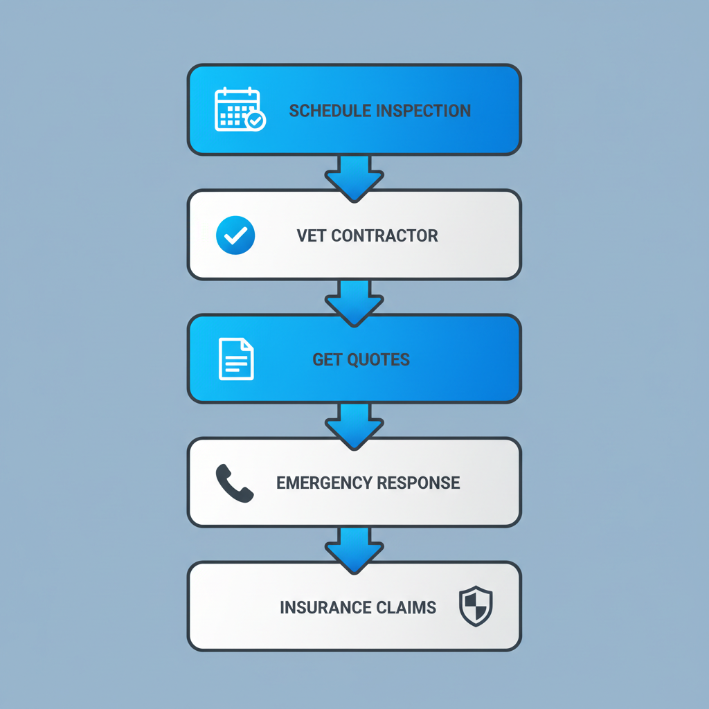 Vertical process flow diagram outlining five steps to hire a Shreveport roofing professional