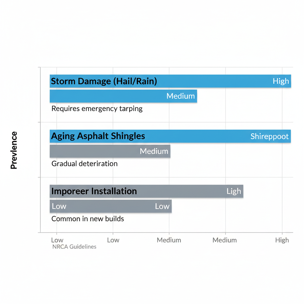 Horizontal bar chart comparing roof leak causes in Bossier City and Shreveport, showing prevalence levels for storm damage, aging shingles, and improper installation.