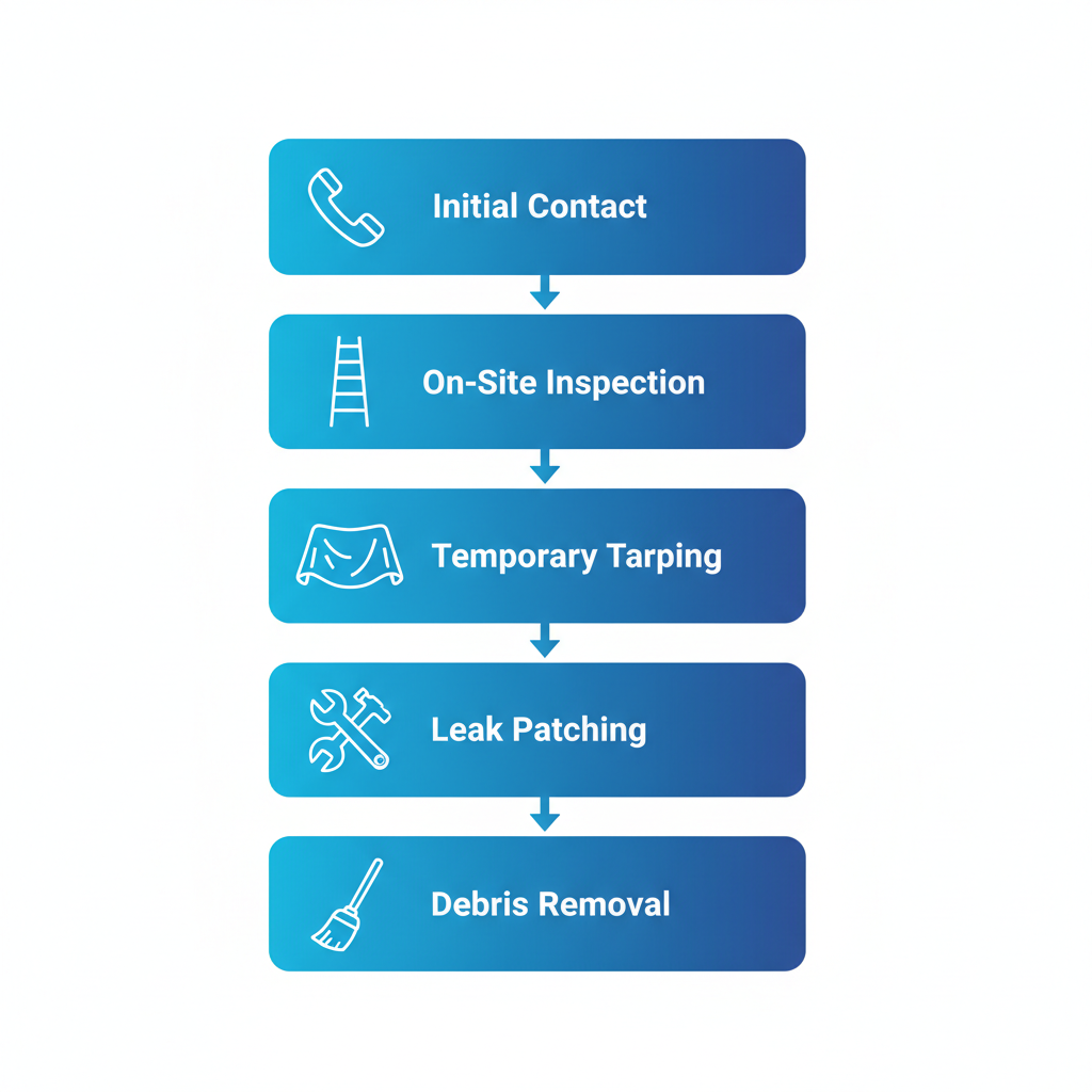 Vertical process flow diagram illustrating five emergency roof repair stages with icons and minimal labels