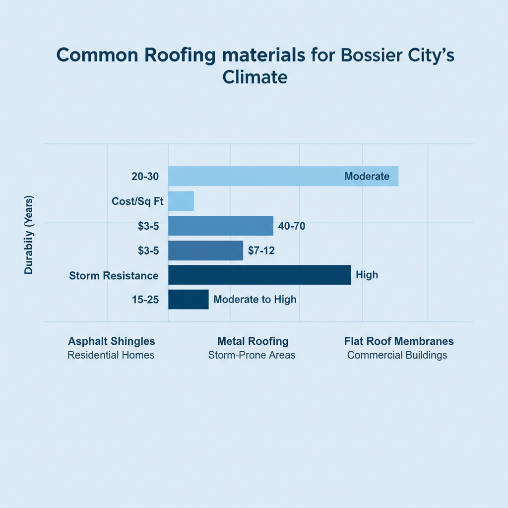 Horizontal bar chart comparing roofing materials by durability, cost, and storm resistance in Bossier City