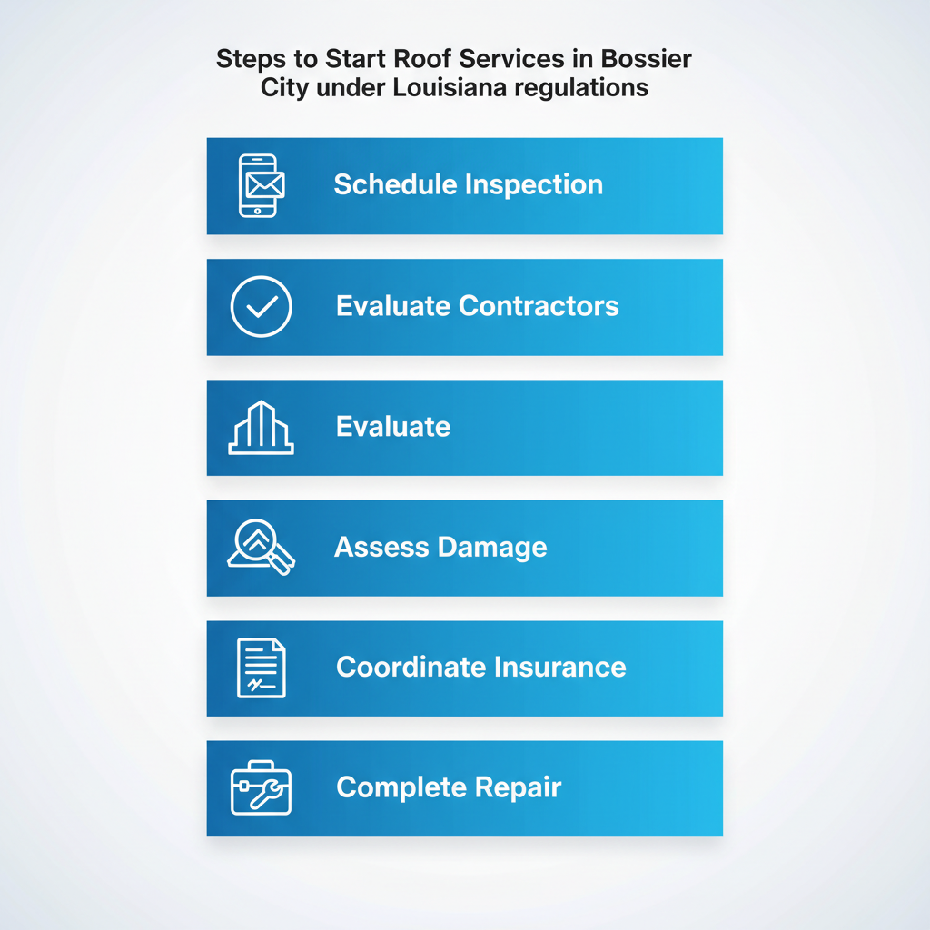 Vertical process flow diagram illustrating five steps to initiate roofing services in Bossier City: scheduling inspection, evaluating contractors, assessing damage, coordinating insurance, and completing repair.