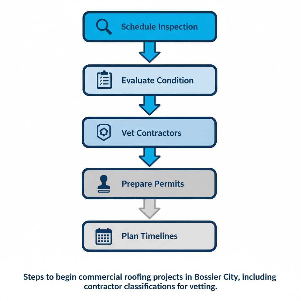 Vertical process flow diagram showing five steps to start commercial roofing projects in Bossier City with icons.
