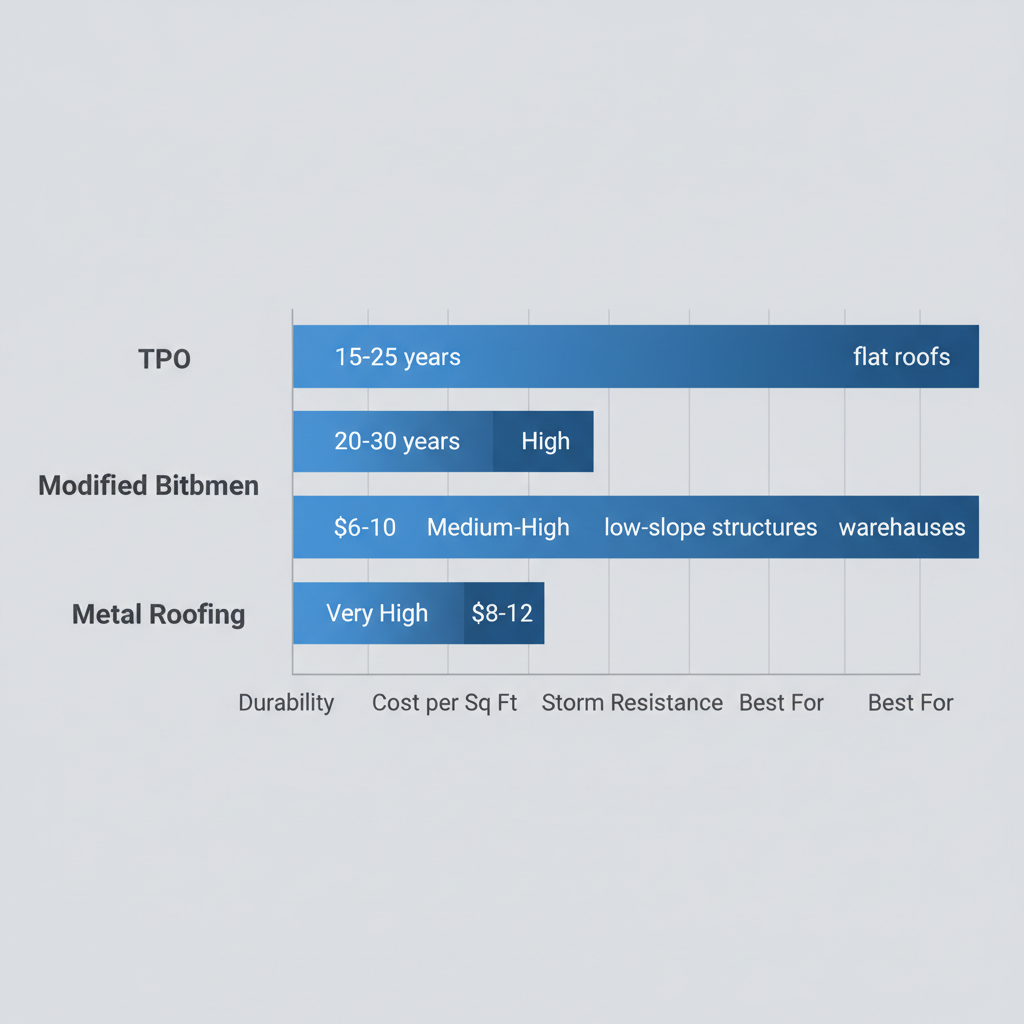 Bar chart comparing TPO, Modified Bitumen, and Metal Roofing materials for commercial use in Bossier City, showing durability, cost, storm resistance, and best applications.