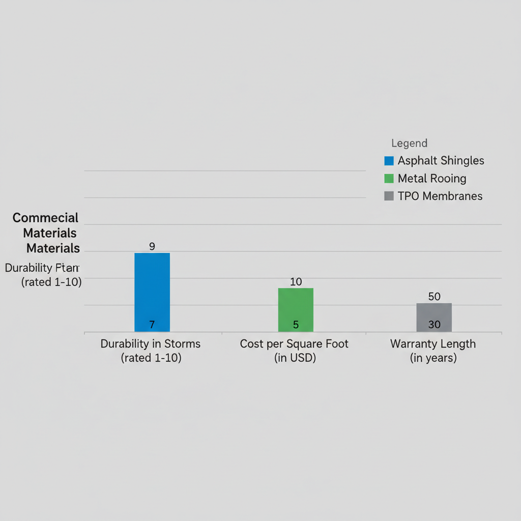 Horizontal grouped bar chart comparing asphalt shingles, metal roofing, and TPO membranes by durability, cost, and warranty for commercial use in Bossier City.