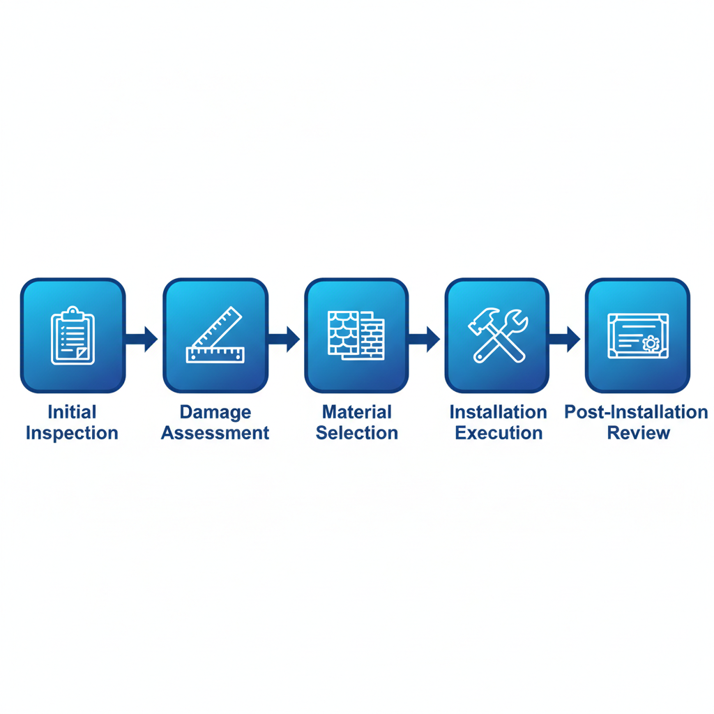 Horizontal process flow diagram illustrating five stages of commercial roofing process with icons and minimal labels.