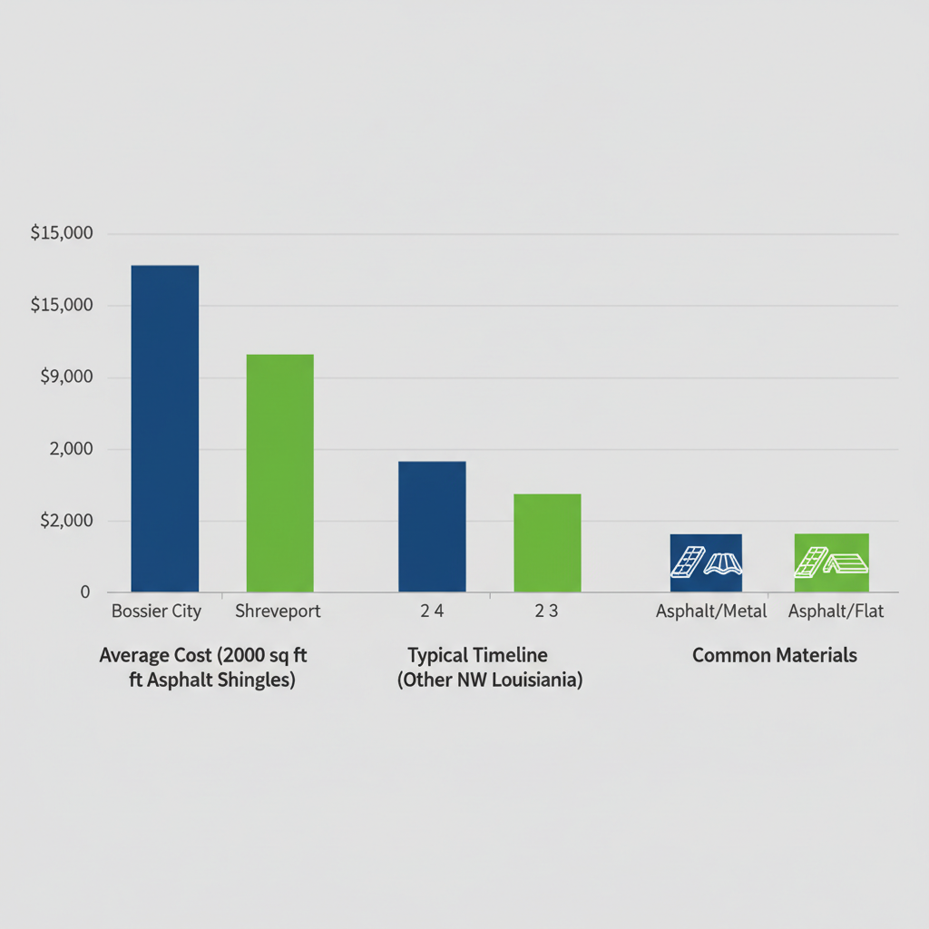 Bar chart comparing roof replacement costs, timelines, and materials across Bossier City, Shreveport, and Northwest Louisiana