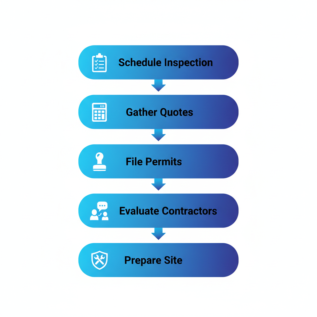 Vertical process flow diagram illustrating five key steps for starting roof replacement in Bossier City, including icons for each stage.