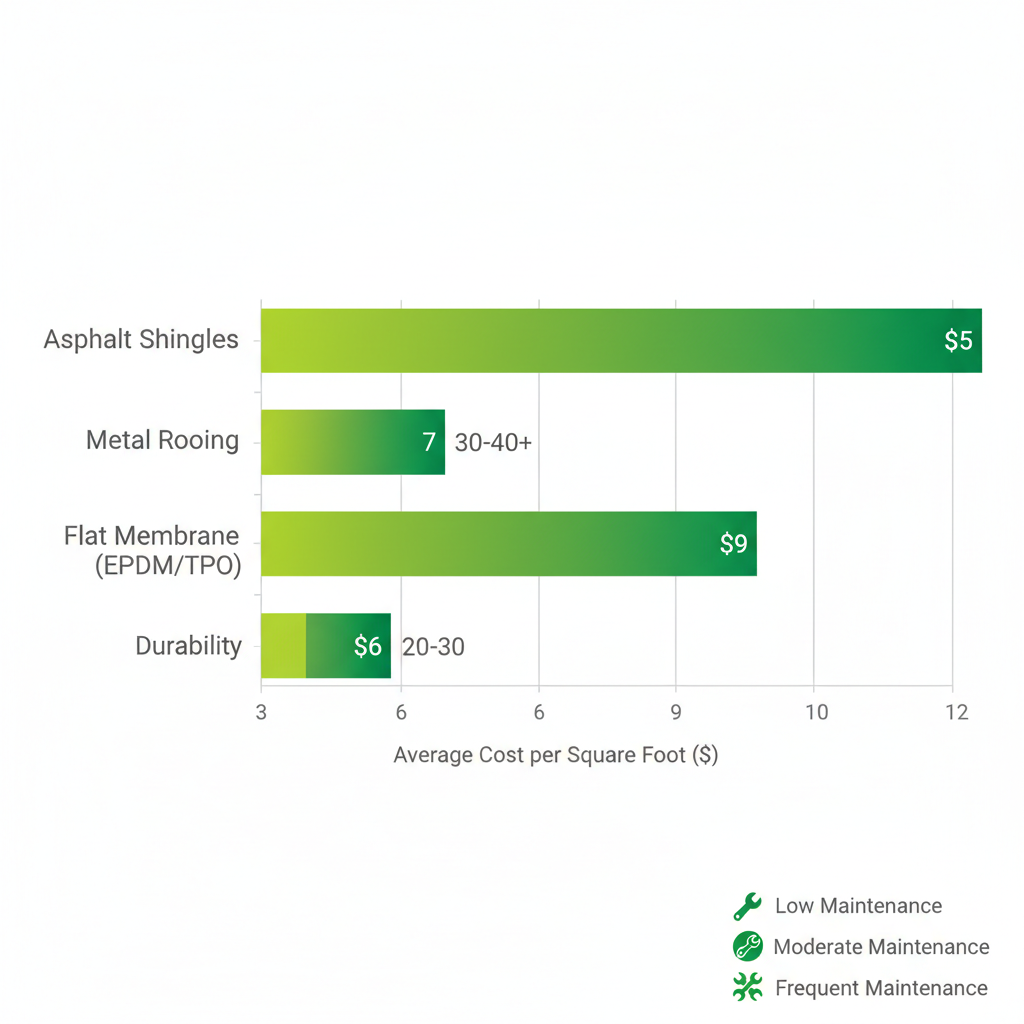 Horizontal bar chart comparing costs and durability of three commercial roofing types suitable for Ruston's humid climate.
