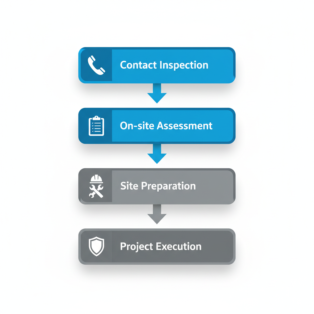 Vertical process flow diagram illustrating four key steps for initiating a commercial roofing project: contact for inspection, on-site assessment, site preparation, and project execution with icons.