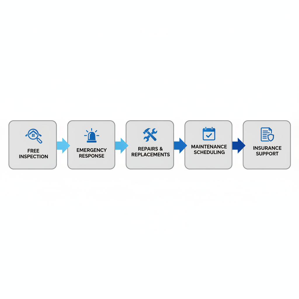 Horizontal process flow diagram showing five steps of residential roofing services: free inspection, emergency response, repairs and replacements, maintenance scheduling, and insurance support, with icons and blue arrows connecting them.
