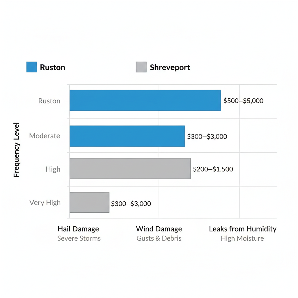 Horizontal bar chart comparing frequency and costs of roof issues like hail, wind, and leaks in Ruston versus Shreveport.