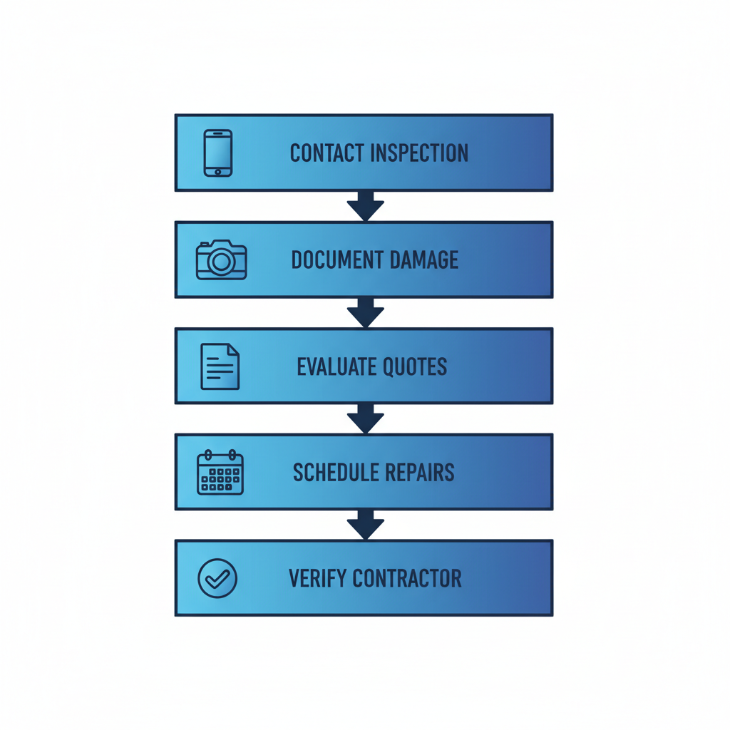 Vertical process flow diagram illustrating five steps to initiate roofing repairs.