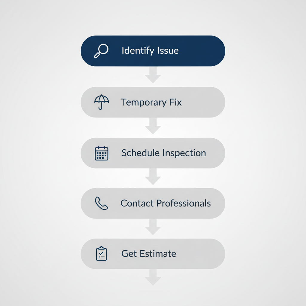 Vertical process flow diagram illustrating five key steps for initiating roof repair in Bossier City with icons and minimal labels.