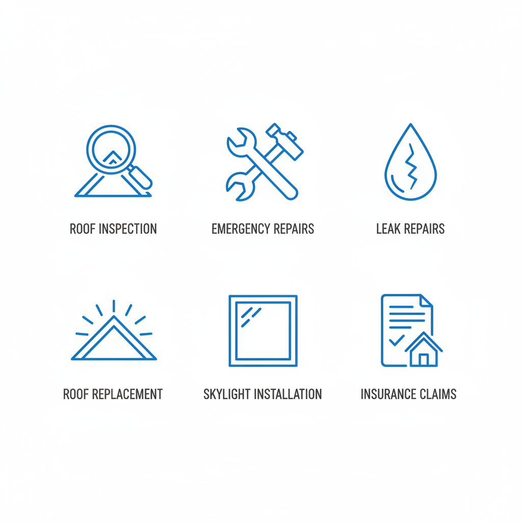 Grid of icons representing available roofing services: inspection, emergency repairs, leak repairs, replacement, skylight installation, and insurance assistance.
