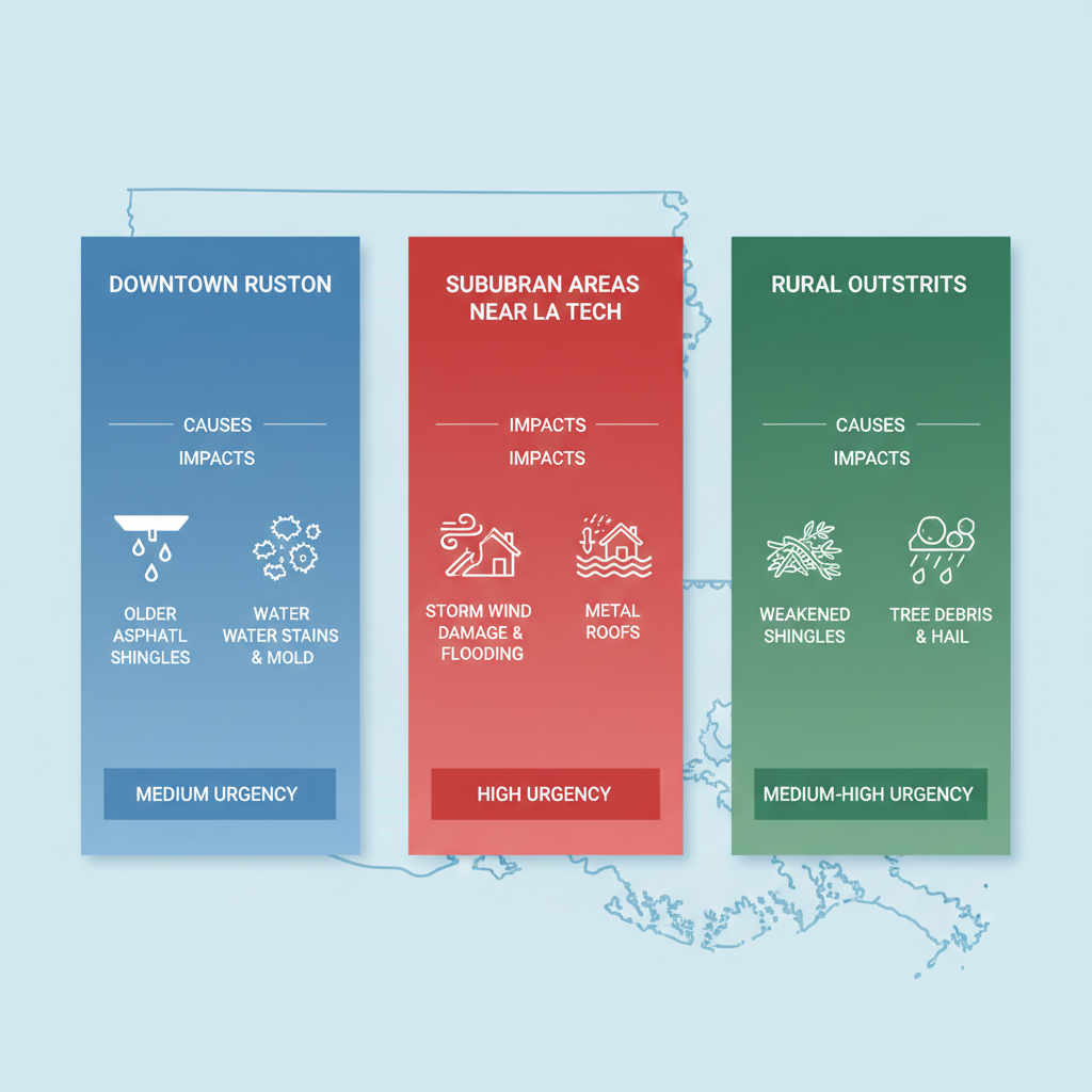 Infographic comparing roofing issues in Ruston neighborhoods with icons and urgency indicators